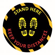 Αυτοκόλλητο με σήμανση "Stand here / Keep your distance" στρόγγυλο Μαύρο Φ41cm